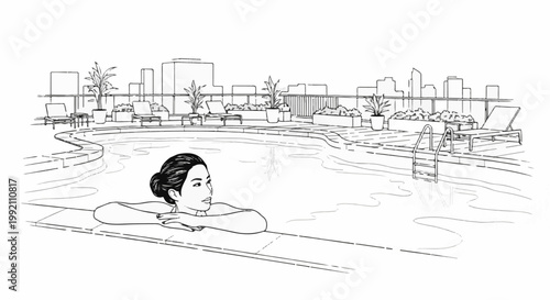 Woman relaxing in rooftop pool with city skyline in background