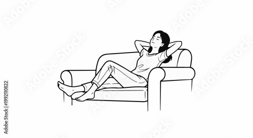 Woman relaxing on a couch with her arms behind her head