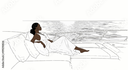 Woman relaxing on a yacht, gazing at the sunlit water