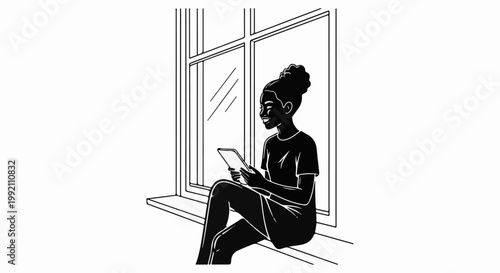 Woman sitting by window, engrossed in digital tablet
