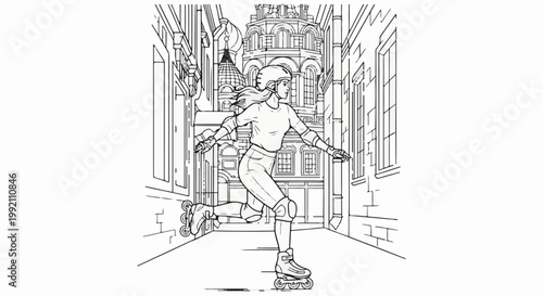 Woman rollerblading down a narrow street between buildings with ornate architecture