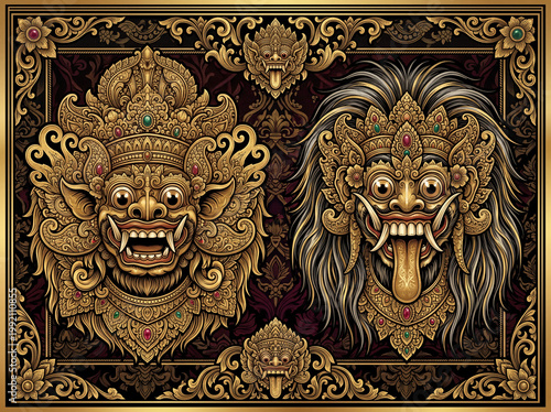 Bali Mask Artistry: The intricate craftsmanship of traditional Bali masks is captured, featuring detailed gold ornamentation that portrays ancient stories and cultural depth.