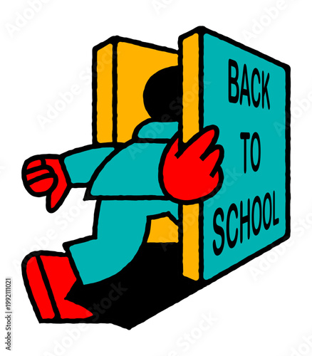 Colorful 90s retro clip art style illustration of a student character walking through a yellow door with "Back To School" text on a teal book cover.