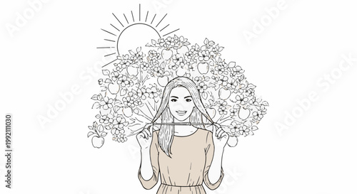 Woman with flowing hair and an apple tree in bloom under the sun