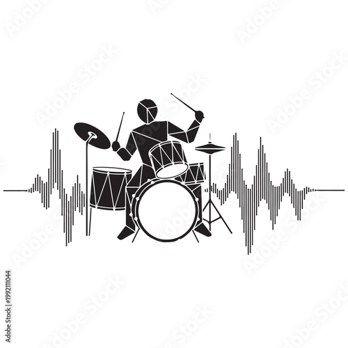 Geometric drummer silhouette playing drum kit with sound wave heartbeat vector illustration for music production and audio branding