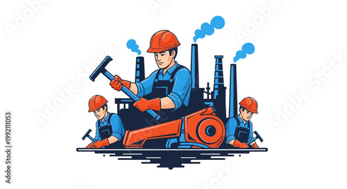 Skilled industrial workers in hard hats and overalls diligently constructing machinery and working at a factory with smoky chimneys as a backdrop in this vibrant vector illustration.