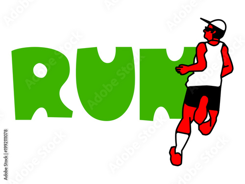 Minimalist vector illustration of a stylized man in athletic gear running past large green "RUN" typography on a white background.