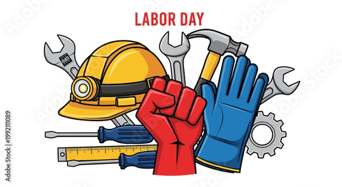 Bright labor day celebration vector illustration featuring a raised red fist symbol surrounded by essential industrial construction tools like a yellow safety hard hat and blue work gloves for profess