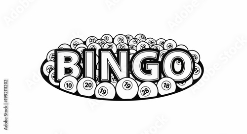 Word "BINGO" formed from balls with numbers, set against a backdrop of more numbered balls