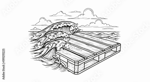 Wooden platform hit by stylized ocean waves under cloudy sky