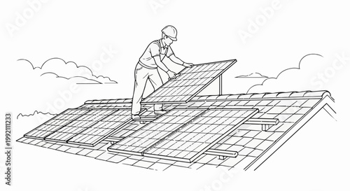 Worker installing solar panels on a rooftop with clouds in the background