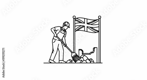 Worker sweeps debris near a flag on a pole