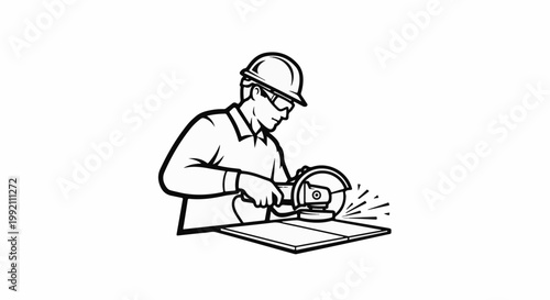 Worker using angle grinder on flat surface, sparks flying