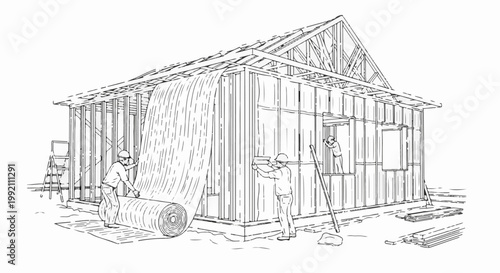 Workers install insulation on a building's exterior frame