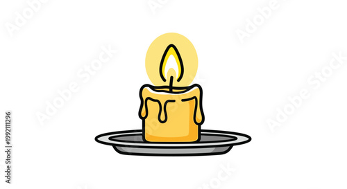 A thick yellow wax candle with realistic melting drips rests on a circular silver plate while casting a warm golden glow from its flickering flame.