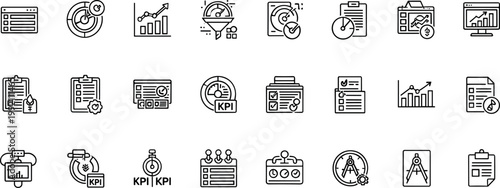 Business analytics KPI performance dashboard line icon set including charts monitoring reporting finance outline vector collection