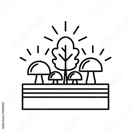 Stylized line art illustration of mushrooms and tree growing in garden bed for nature and environmental conservation projects