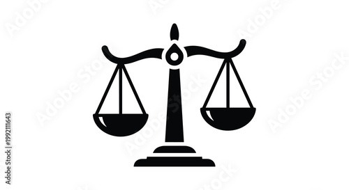 An ornate black silhouette of a justice scale displays a gracefully curved crossbeam and a decorative central pivot against a stark white background.