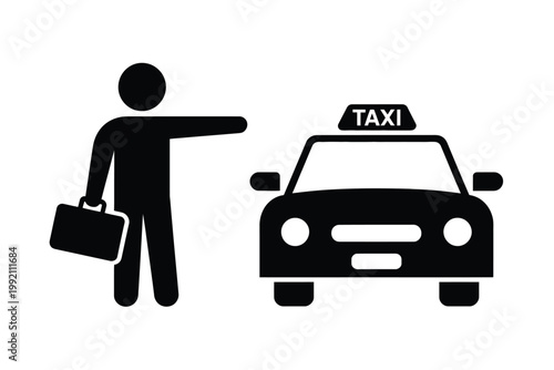 A simple black silhouette of a person hailing a taxi on a street