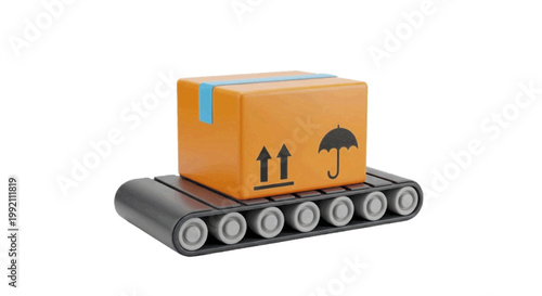 Vector illustration of cardboard box on a conveyor belt on a transparent background