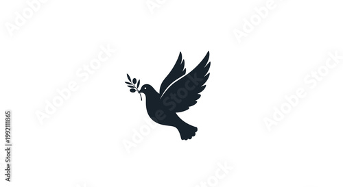 A solid black silhouette of a graceful dove flies through the air while carrying a delicate olive branch against a clean and pristine white background.