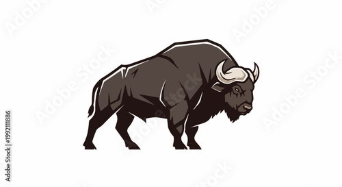 A stylized, dark brown buffalo with curved horns walks forward on a white background
