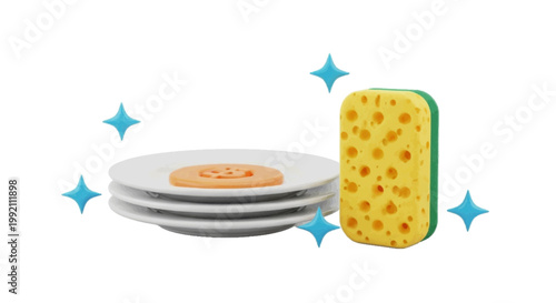 Vector illustration of stack of clean white plates with a sponge on a transparent background
