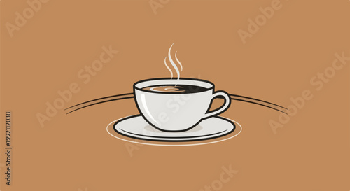 A steaming cup of dark liquid sits on a saucer with abstract lines on a solid brown background