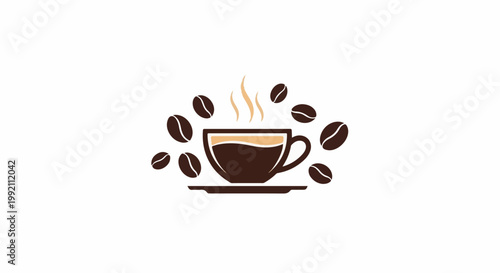 A steaming cup of coffee with scattered beans, symbolizing morning energy