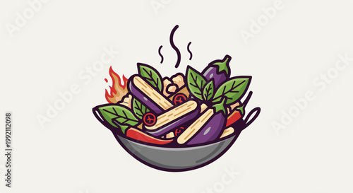 A steaming wok filled with colorful vegetables and chili peppers, cooking with flame