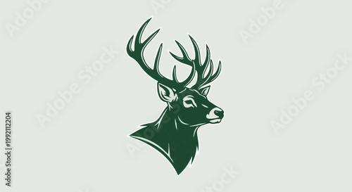 A stylized, dark green illustration of a stag's head in profile against a light grey background