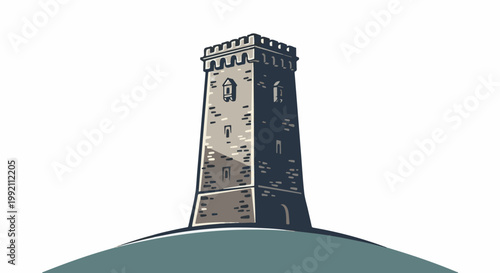 A stone tower stands atop a green hill against a white background