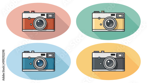 Set of four vintage cameras in different colors, flat design style vector illustration