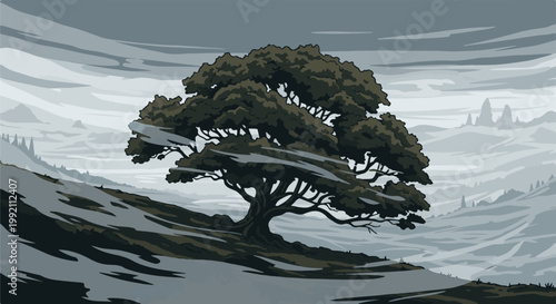 A solitary, ancient tree stands tall on a desolate, mist-shrouded hill