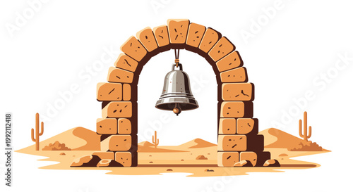 A sturdy sandstone arch with a large metal bell hanging from its center stands prominently within a sunny desert landscape featuring several distant cacti.