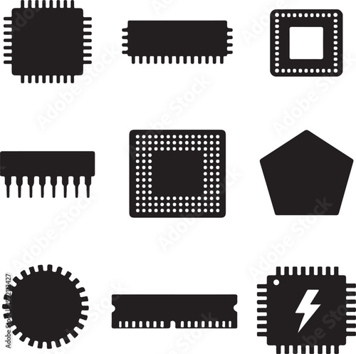 Silhouette Microchip Icons on White Background