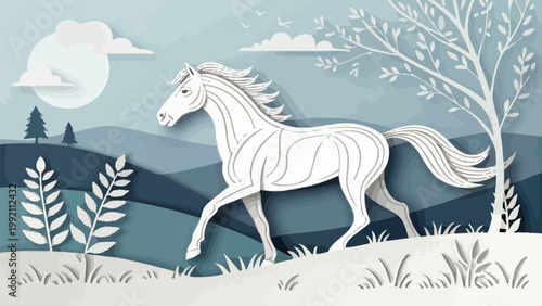 White horse running through a layered paper cut landscape with hills, trees, and clouds in shades of blue and grey