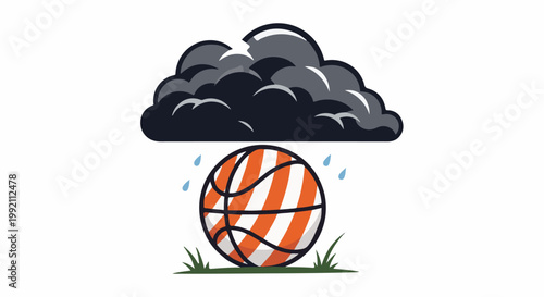A stylized basketball sits on grass under a dark, rainy cloud