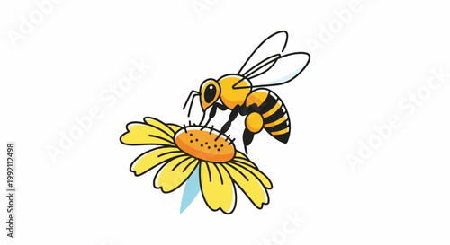 A stylized bee collects nectar from a vibrant yellow flower with delicate petals