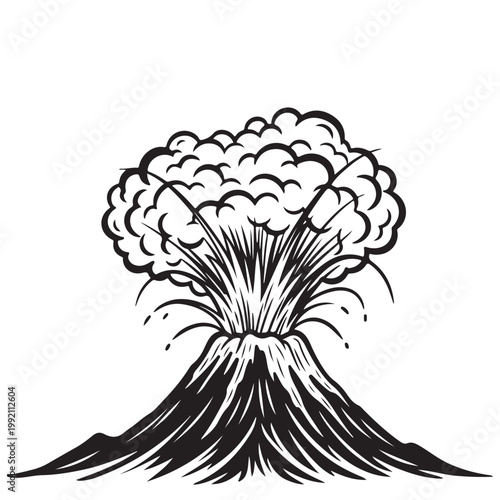Erupting volcano mountain with large smoke cloud vector illustration in black and white line art style