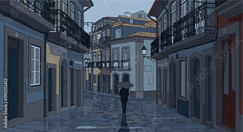 A solitary figure with an umbrella walks down a cobblestone street in a European town on a rainy day