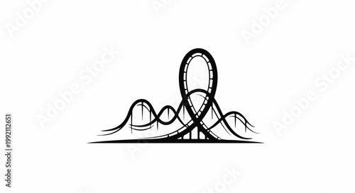 A stylized black and white line art illustration of a thrilling roller coaster with a vertical loop and various hills