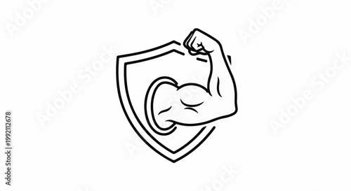 A stylized black and white shield with a flexed bicep is displayed