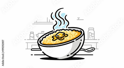 A steaming bowl of yellow porridge topped with a melting pat of butter and a spoon