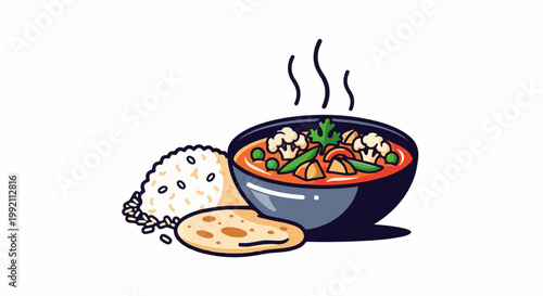A steaming bowl of vegetable curry served with rice and flatbread