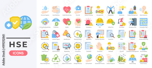 HSE icon set featuring workplace safety, health monitoring, environmental protection, and compliance systems. Simple flat color vector.