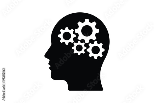 A silhouetted head profile with gears inside representing thought