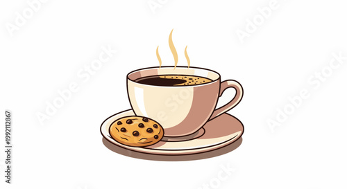 A steaming cup of coffee sits beside a chocolate chip cookie on a saucer