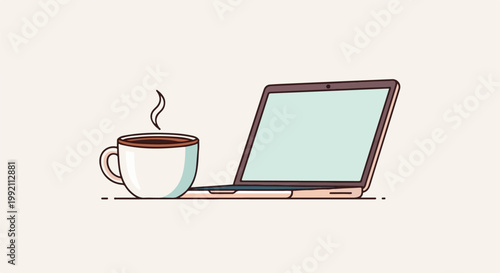 A steaming cup of coffee sits beside an open laptop on a neutral background