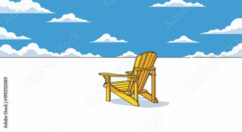 A solitary wooden chair rests on a blank expanse under a bright blue sky dotted with fluffy white clouds